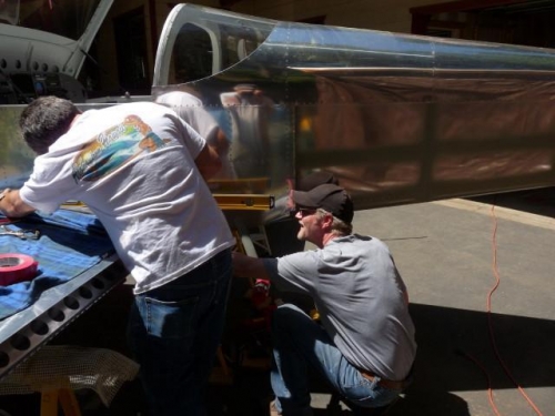 Lee checking the level before I drill the left rear spar