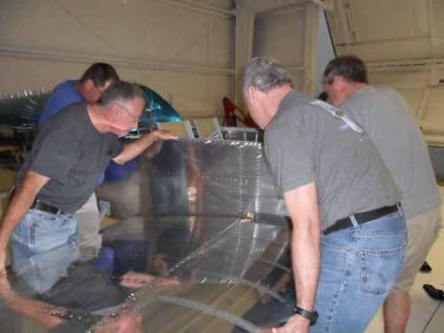 Dan working the leading edge with Ross checking the clearance...Mike is manning the wingtip