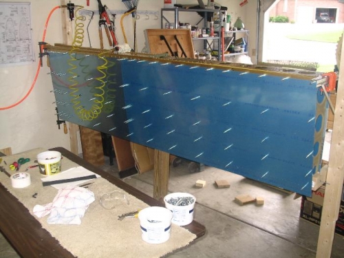 Top wing skins clecoed in place