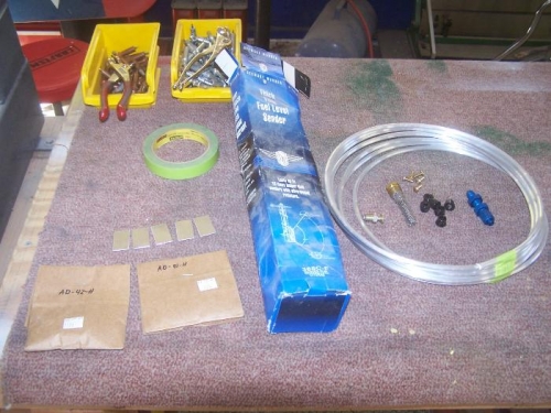 Rest of parts to take along to finish. Fuel level sender, vent tubing, rivets, cover plates, etc...