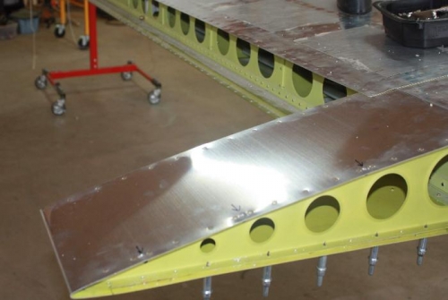 Wing root upper surface with rivets and nutplates.