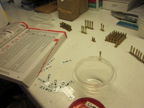 Going through each bag while counting/labeling parts.