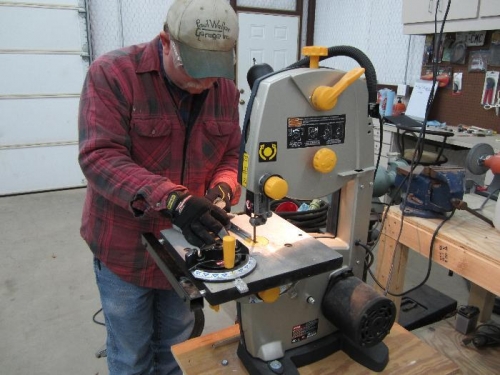 Bandsaw with metal cutting blade.