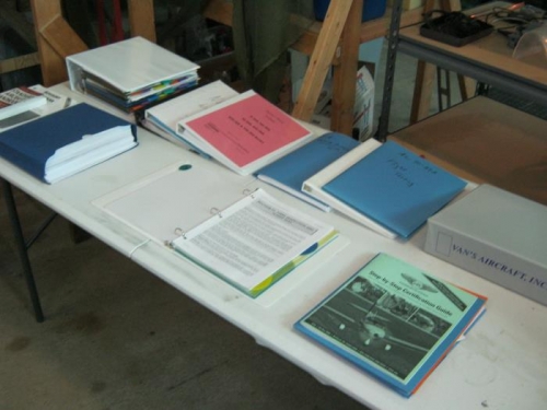 Documents and plans and log s displayed on table for upcoming inspection