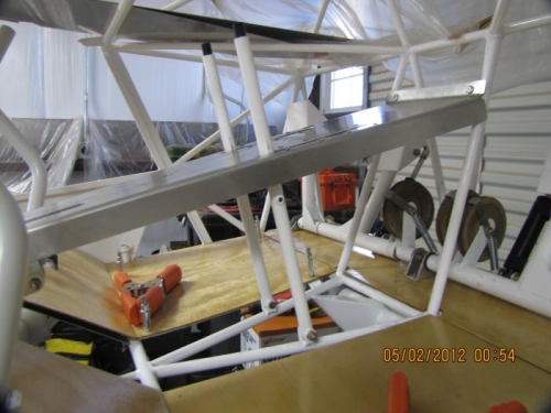 Passenger side view of rudder adjusting levers.