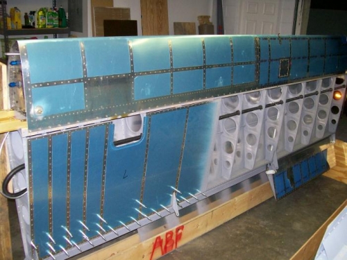 Left wing ready for bottom skin riveting.