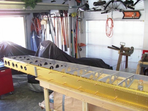 Front spar, ribs and rear spar assembled for match drilling.