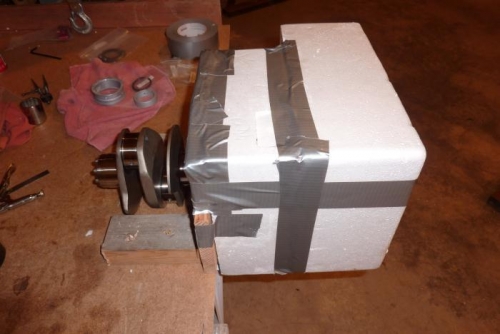 Crankcase secured in wooden  jig with Styrofoam  Cooler