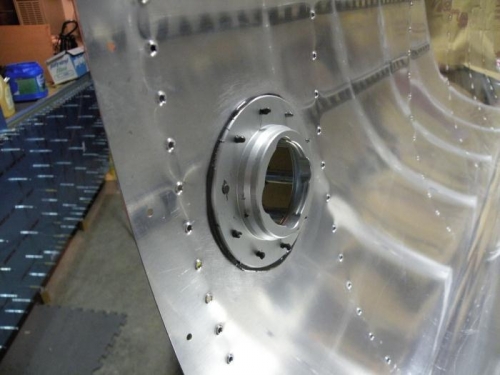 Fuel cap ring clecoed in place with sealant.