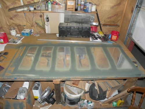 Interior of top left outboard skin primed.