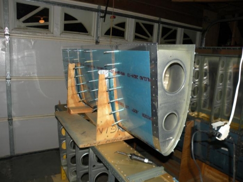 Right leading edge clecoed together for the last time; ready to rivet.