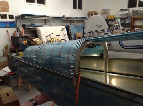 Aft top skin 100% clecoed to the F-708 and 707 bulkheads.