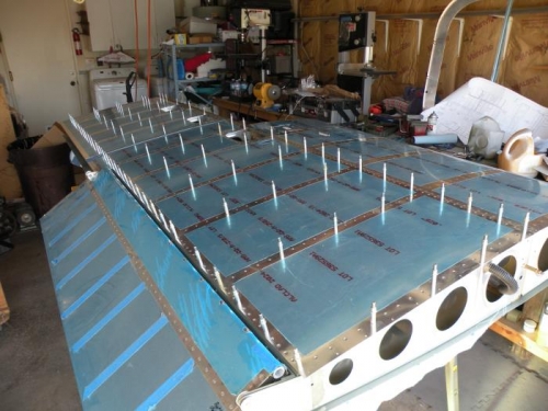 Bottom skins clecoed to ensure squareness of the wing.