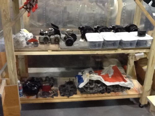 Engine parts organized.