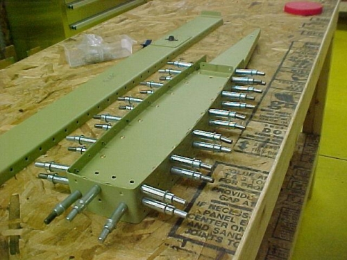 Right elevator counterbalance assembly clecoed and ready for rivets