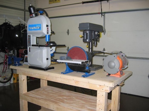 Bandsaw, Belt & Disc Sanders, Grinder w/Deburring Wheels, Drill Press, & Vise