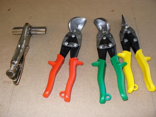 Seamer on left, straight and curved snips.