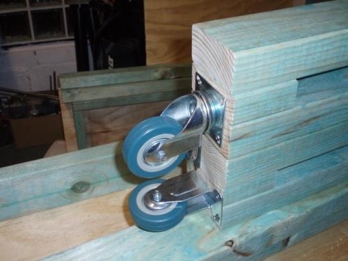 Rotating Casters at one end, fixed at the other.
