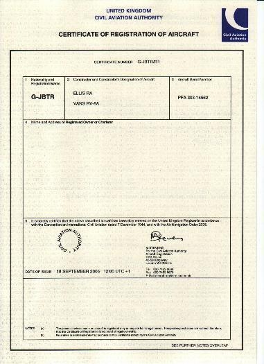CAA Aircraft Registration Certificate