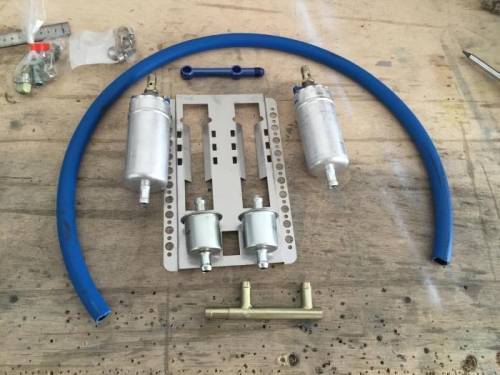 Fuel pump bracket components (pumps, filters, hose, collector, and ramp.