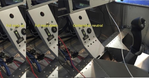 Center console elevator trim indicator showing the full up, full down, and neutral trim positions.