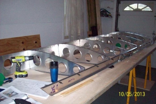 All 9 rear ribs clecoed to the main spar with the rear channel clamped to the aft end of the ribs.