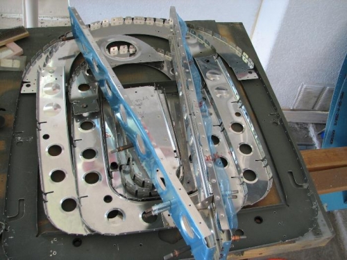 Rear fuselage bulkheads and baggage ribs after dimple countersinking.