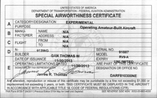 Special Airworthyness Certificate