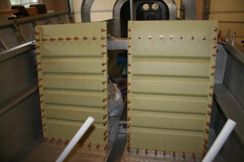 Seat backs clecoed and ready for riveting
