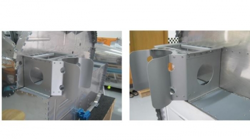 Completed riveting oil tank mount brackets; view from L&R sides