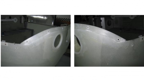 Match drill #19 the hole in the knuckle flange of the cowl hinge pin, left & right