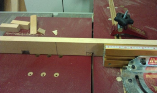 using the table saw to create 3/8 inch recesses for 3/4 inch upright members