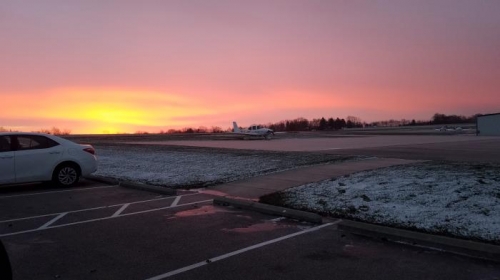 beautiful sunrise for first flight, except for freezing rain coming down