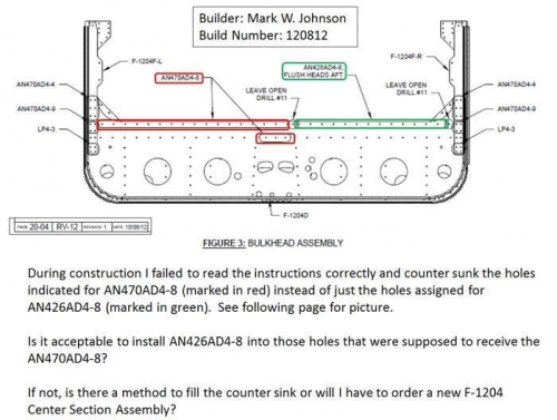 My note to Vans asking if it is acceptable to counter sink all the holes (red and green areas)
