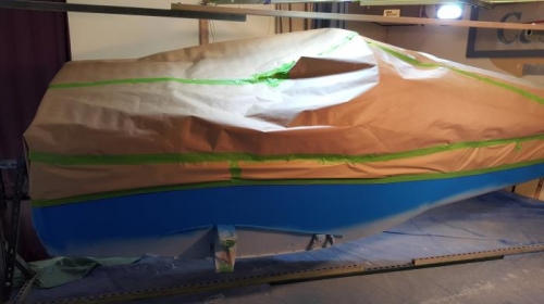 Forward half of fuselage ready for white paing