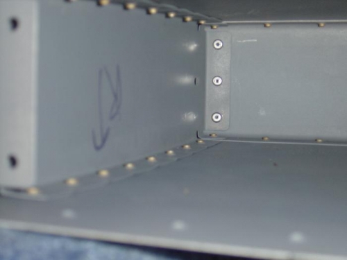 Inside view of center rib rivets as they attach to the skin - note the blind rivets that are internal
