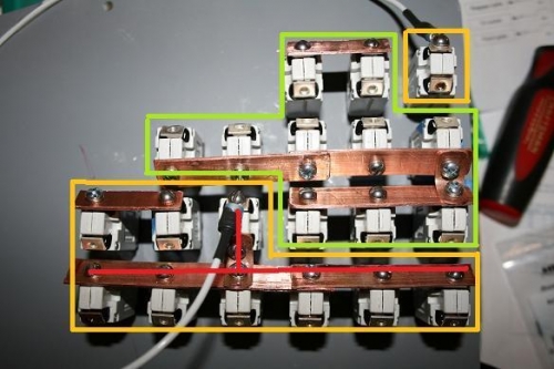 Back of c/b panel(green is main bus, orange is e-bus (essential), red is avionics bus