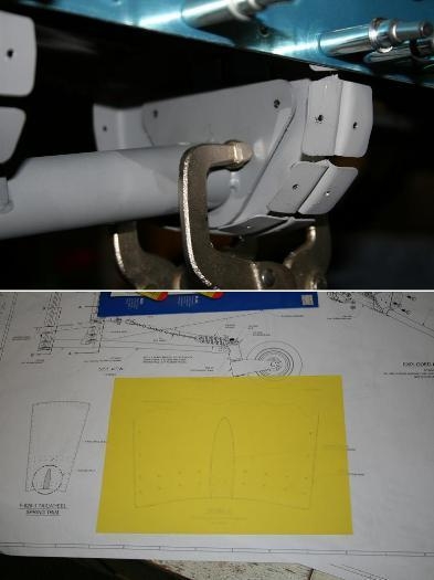 Top pic - tailwheel mount drilled. Lower pic - tracing the bottom skin tailwheel mount relief.