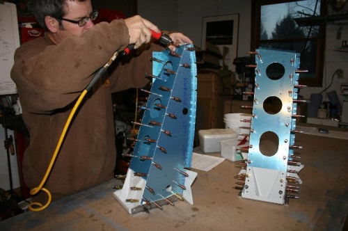 Here are both towers cleco'd together and I'm match-drilling the holes per the plans.