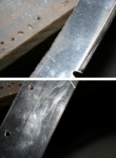 Trimming leaves it like the top photo (left edge). Bottom photo right edge is after sanding.