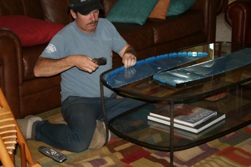 Using my glass coffee table to try and flute (or flatten) the F866B & A. Not much luck.