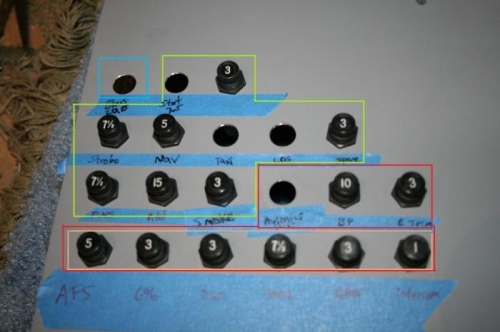 C/B panel - blue is hot batt bus, green is main bus, red is e-bus and brown within red is avionics bus