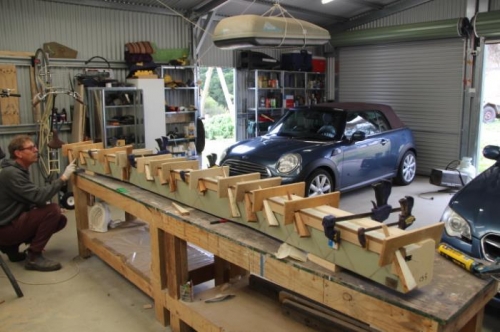 Strips clamped in positio, smearing on some bondo