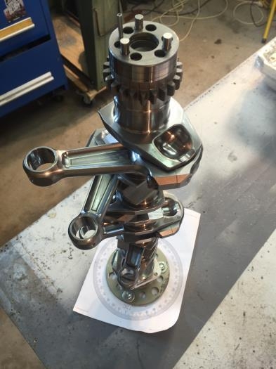 Crankshaft bolted to the bench