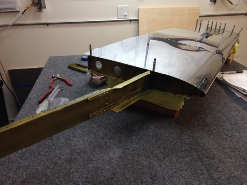 Forward spar assemblly slid into place and cleco'd