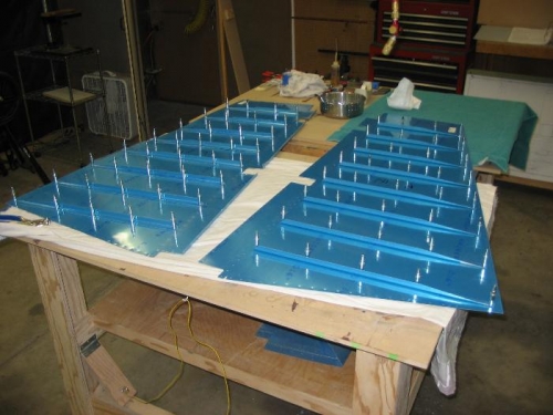 Skin with stiffeners clecoes and ready for drilling