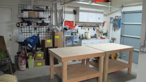 Work benches each 3 x 4 clamped together and leveled with elvator bolts.