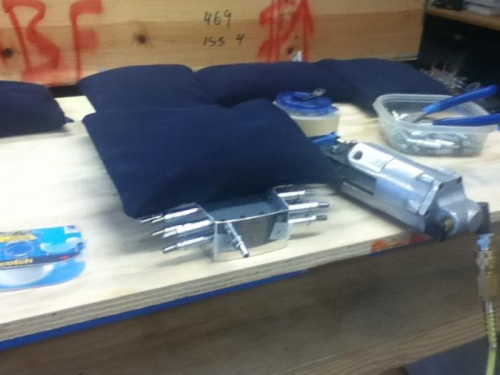 Sandbagged and clecoed for riveting