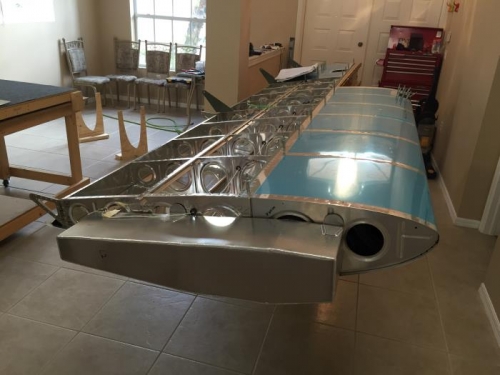Finished riveting of L wing outer leading edge and test mount to wing...test fit aux fuel tank
