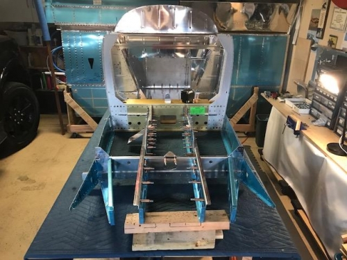 Aft view of the floor assembly and seat bulkhead clecoed to main builkhead